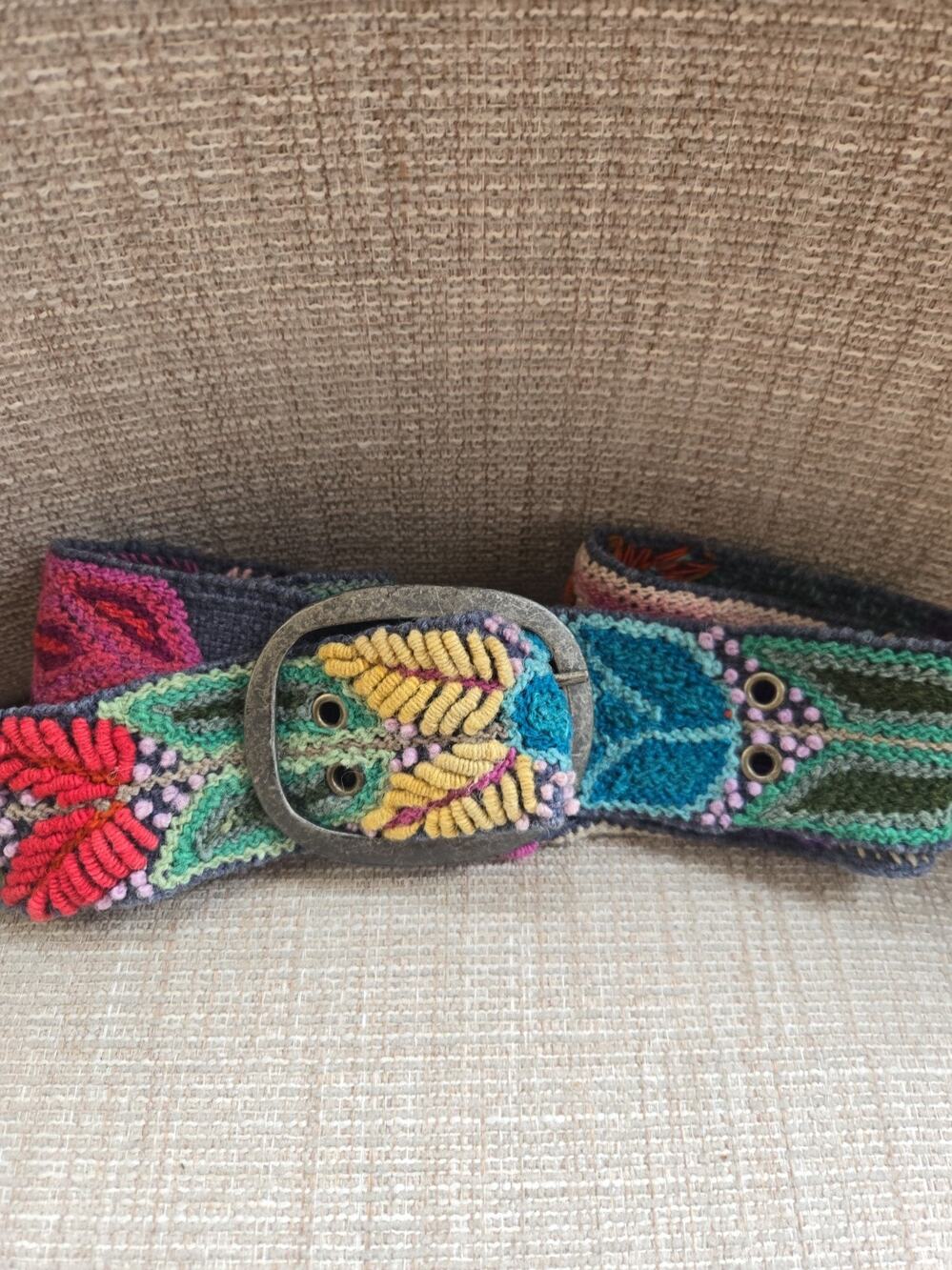 Jenny Krauss Boho Floral Densely Embroidered Blooms Wool Belt Handmade Peru Sz S